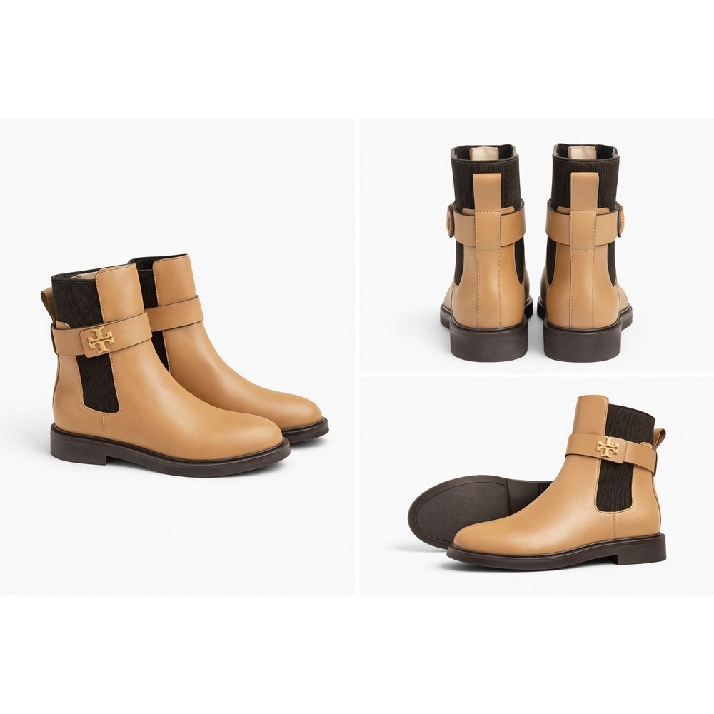 Tory Burch Miller Leather Chelsea Ankle Boots Tan Camel Gold Logo Hardware - Picture 2 of 2
